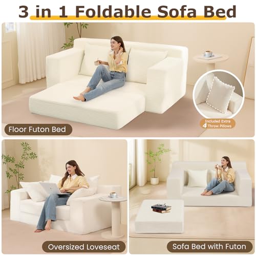 3-in-1 Convertible Corduroy Sofa Bed, Folding Loveseat Futon with Pillows