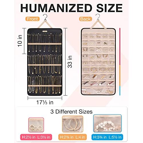 BAGSMART Hanging Jewelry Organizer Storage Roll with Hanger Metal Hooks Double-Sided Jewelry Holder for Earrings, Necklaces, Rings on Closet, Wall, Door, 1 piece, Extra Large, Black