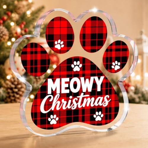 Meowy Christmas Paw Print Decor - Acrylic Tabletop Ornament (Meowy Christmas) 4.72in