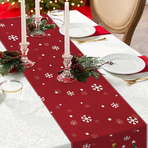 Moutina Christmas Table Runner 13x36 Inch Red Snowflakes & Pine Trees Seasonal Decor