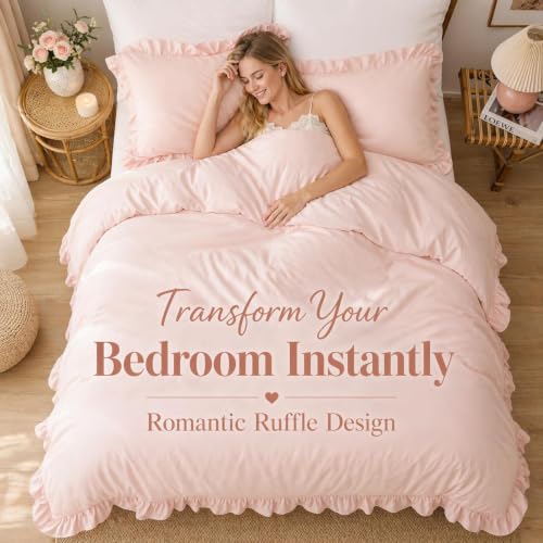 Blush Pink Queen Comforter Set - Soft Microfiber Bedding with Ruffles