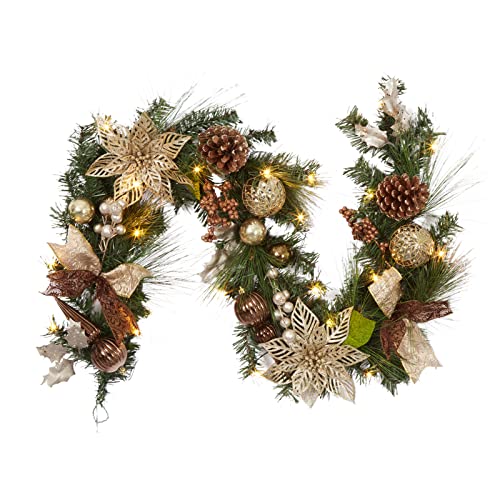 6 ft Gold & Brown Christmas Garland with Lights - Battery Operated, Indoor/Outdoor