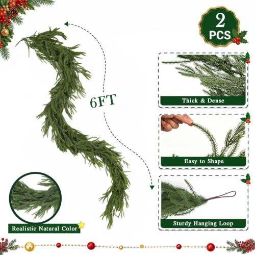 Lavonoph 6ft Artificial Norfolk Pine Garland Set - Real Touch Winter Greenery for Holiday Decor