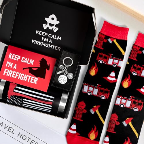 Firefighter Gift Set for Men: 20oz Insulated Tumbler, Socks, and Keychain