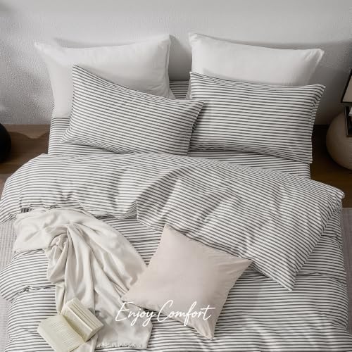 100% Cotton Queen Duvet Cover Set - Soft Grey Striped 3-Piece Bedding