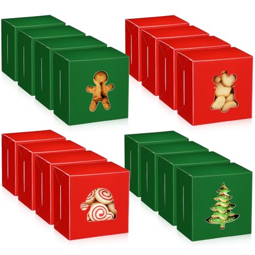 AmazingSpark 48 Pack Christmas Cookie Boxes with Windows - Red & Green Bakery Gift Cases for Holiday Treats