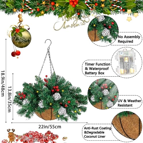 Ciaell 22inch Artificial Christmas Hanging Basket - Green Flocked Xmas Decor with Battery LEDs & Pine Cones