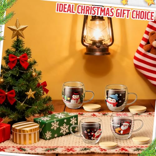 Christmas Double Walled Glass Mug Set with Lids - 8.5 oz Holiday Drinkware