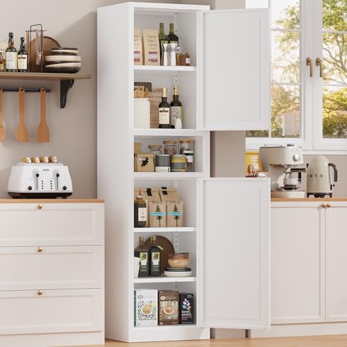67" Tall Narrow Metal Pantry Cabinet with Adjustable Shelves, White
