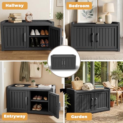 Waterproof Shoe Storage Bench, Indoor Outdoor Cabinet with Adjustable Shelves