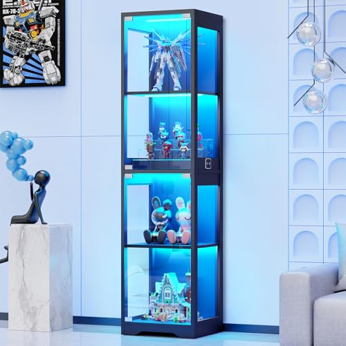 4-Tier Glass Display Cabinet with 3-Color LED Lights & Motion Sensor