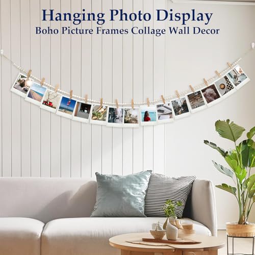 Boho Hanging Photo Display with Wood Beads and 30 Clips, 67-Inch Garland