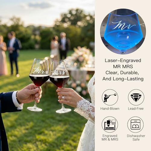 Mr & Mrs Engraved Wine Glasses with 5-Piece Accessory Kit & Wooden Gift Box - Wedding & Anniversary Gift Set