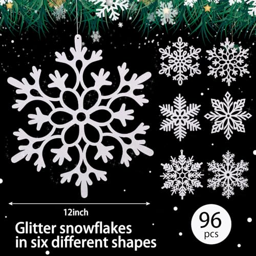 Sratte 96 Pack 12" White Glitter Snowflake Ornaments - Giant Indoor/Outdoor Decor