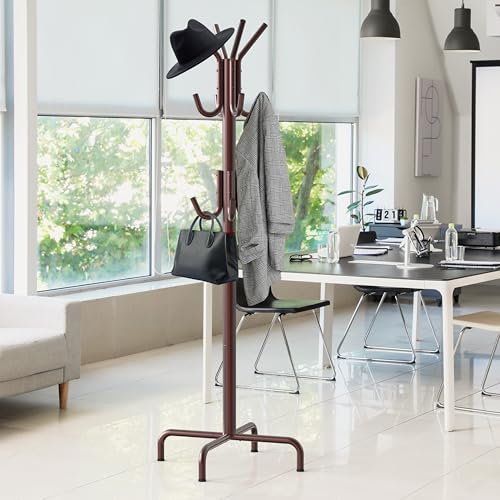 Standing Coat and Hat Rack, 12-Hook Metal Organizer, Bronze Finish