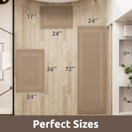 AMOAMI Waffle Boho Bath Mat - Non-Slip Absorbent Bath Rug 17"x24" Beige