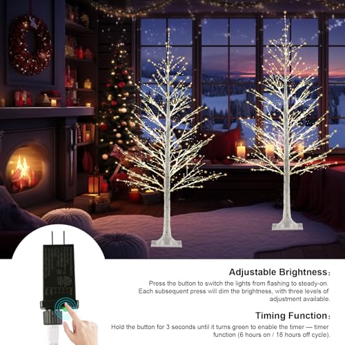 Set of 2 4FT Birch Tree with 500 Warm White LEDs - White Trees, 2-Pack, Auto Timer (6H/18H)