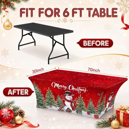 Merry Christmas Stretch Table Cover 2 Pack for 6ft Tables Red Snowman Pine Tree