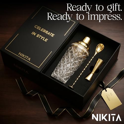 Nikita Gold Cocktail Shaker Set - 5-Piece Bartender Kit with Glass Mixer & Accessories