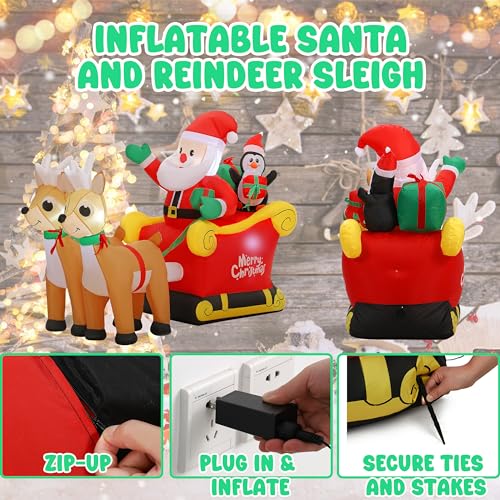 SUNGIFT 6ft Inflatable Santa Sleigh with Reindeer & LED Lights Christmas Decor