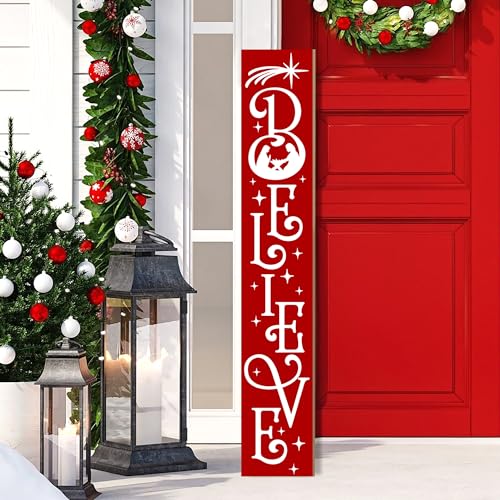JYKCUL Believe Nativity Porch Sign - 47.2" Vertical Christmas Welcome - Red