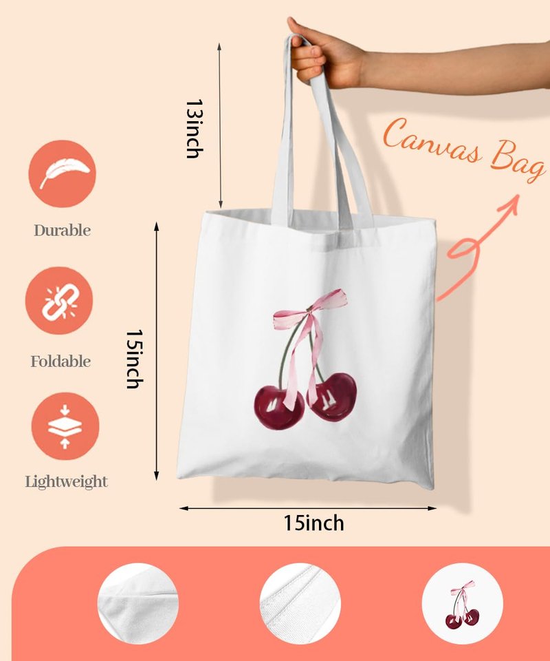 SZERE Coquette Pink Bow Cherry Canvas Tote Bag for Women Teen Girls, Coquette Pink Cherry Themed Stuff Gifts for Women, Cute Small Work Travel Shopping Tote Bags Grocery Reusable Bags