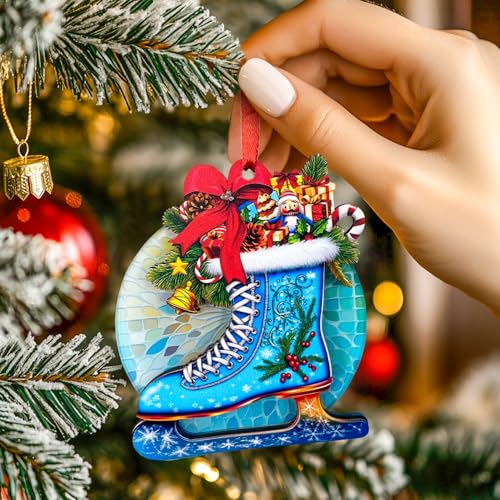 SUFAVN Ice Skate Christmas Ornament - Laser-Cut Holiday Decor for Skaters - 2-Layer Wood & Acrylic - Christmas Tree Ornament - Perfect Gift for Ice Skaters