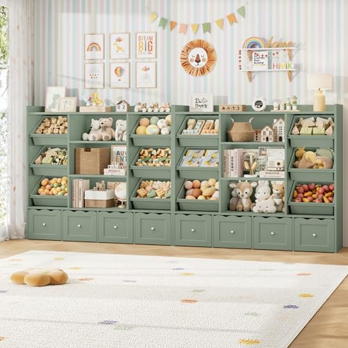 55-inch Kids Toy Storage Organizer with 10 Bins and Bookshelf, Green