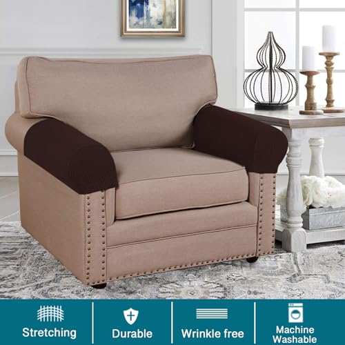 Stretch Jacquard Armrest Covers for Sofa & Chair - Set of 2, Brown