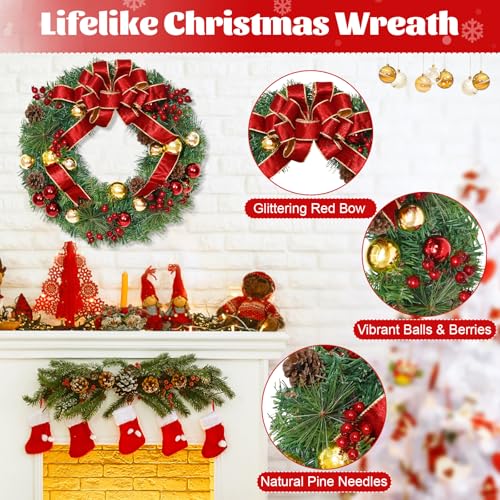 Elyum 16 Inch Christmas Wreath with Lights – 2 Pack Front Door Decor Balls Berries Pine Cones