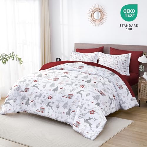 Luxudecor Christmas King Comforter Set - 7 Pieces, Red & White Reindeer Bed in a Bag, King