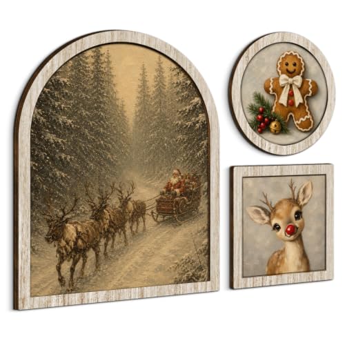 YeleY Xmas-01 3-Piece Vintage Santa Sleigh Wall Art Set with Frames