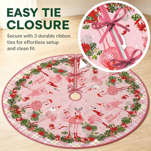Pink Flamingo Christmas Tree Skirt 48 Inch Holiday Decor for 6-8 ft Trees