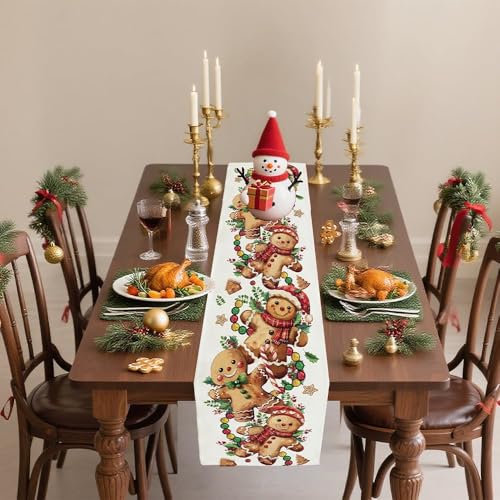 Baccessor Christmas Gingerbread Man Table Runner 13x48 Burlap - Funny Candy Cane Xmas Decor