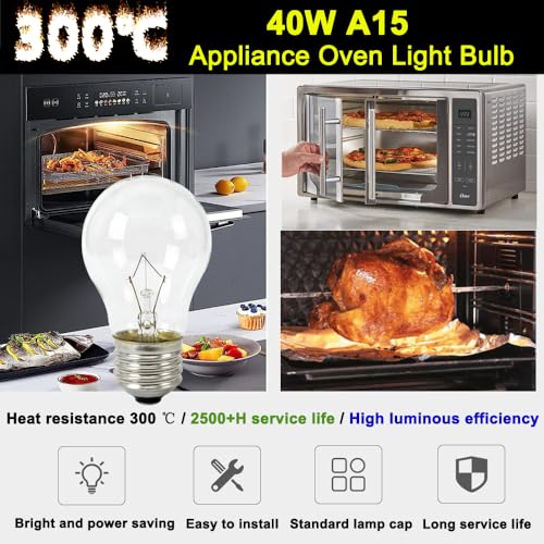 A15 Oven Light Bulb 40W E26 Base, Heat Resistant for Appliance - 4 Pack