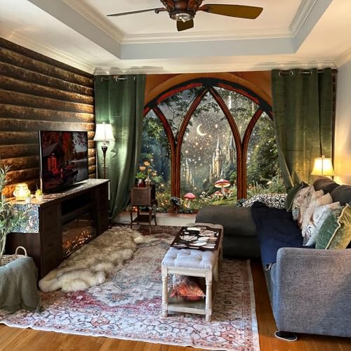 Fantasy Castle Window Tapestry - Magical Woodland Wall Hanging Backdrop