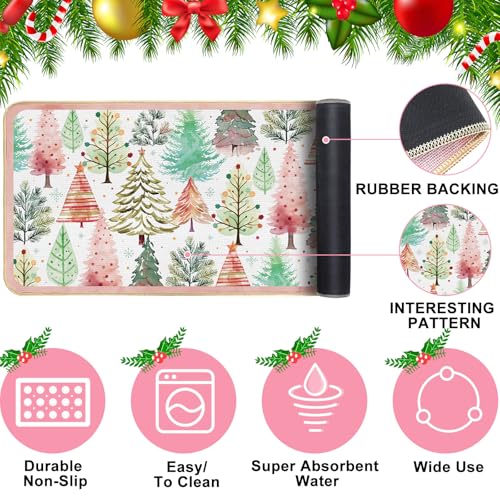 Boho Christmas Kitchen Rugs 2-Piece Set - Forest Trees 17x29 & 17x47 Inches, Colorful Boho Holiday mats