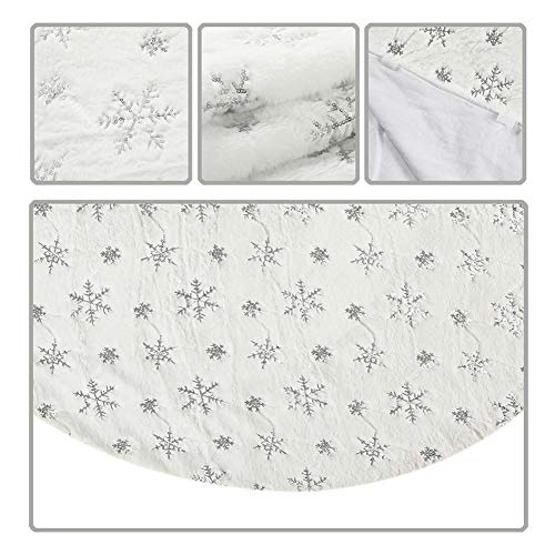 White Plush Christmas Tree Skirt 30 Inch with Silver Sequin Snowflakes