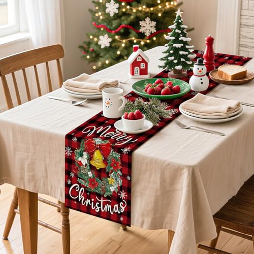 Artscope Buffalo Plaid Red Wreath Christmas Table Runner 13x48 Inch Holiday Decor