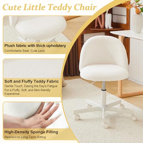 Teddy Fleece Swivel Desk Chair, Adjustable Vanity Chair with Lumbar Support
