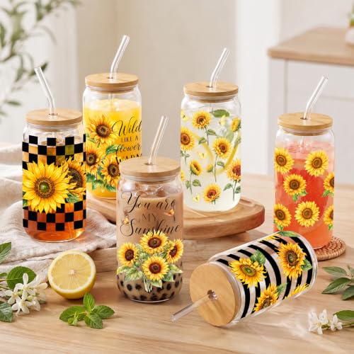 16oz Sunflower Glass Cups with Bamboo Lids and Straws, 6-Piece Set