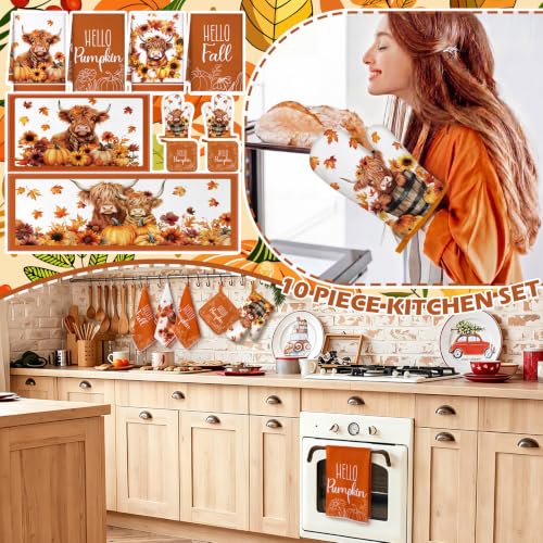 10-Piece Highland Cow Kitchen Decor Set - Farmhouse Towels, Rugs & Oven Mitts
