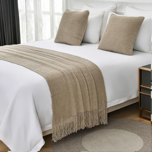 Knit Bed Runner with Tassels - Solid Color Bed Scarf for Twin Queen King Beds - Khaki, 60x260cm