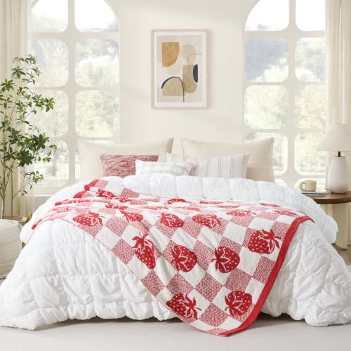 Strawberry Checkered Throw Blanket 50x60 in - Snuggle Sac Microfiber, Cozy Reversible