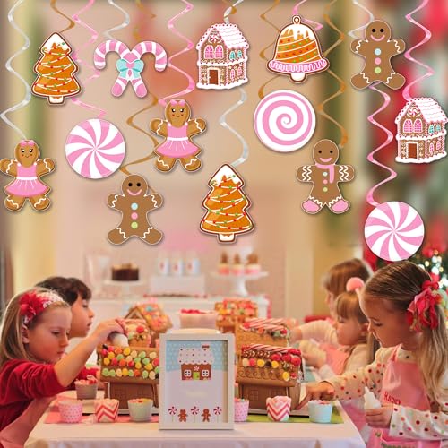 Pink Gingerbread Man Christmas Decorations - 20PCS Hanging Swirl Party Decor