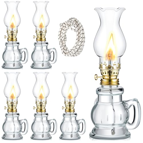 Vintage Glass Kerosene Oil Lamps - 6 Pack Clear Hurricane Lanterns with Wick