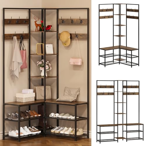 Corner Hall Tree with Shoe Bench, 10-Hook Industrial Coat Rack & Storage