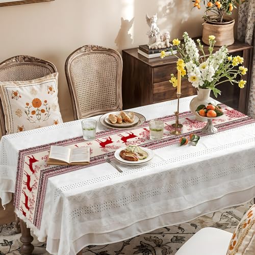 Farmhouse Christmas Table Runner 13x72 Inch Snowflakes & Trees Holiday Decor