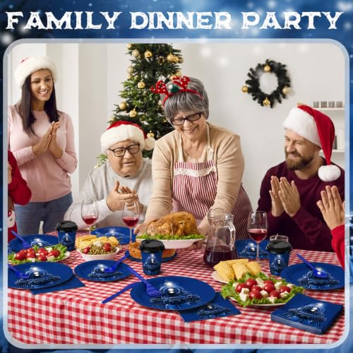 Blushtier 50-Piece Polar Christmas Party Tableware Set — Train Variation, Blue Holiday Dinnerware for 50 Guests