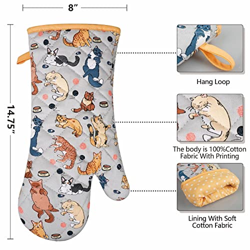 Extra-Long Cotton Oven Mitts, Heat Resistant Cat Print Kitchen Gloves